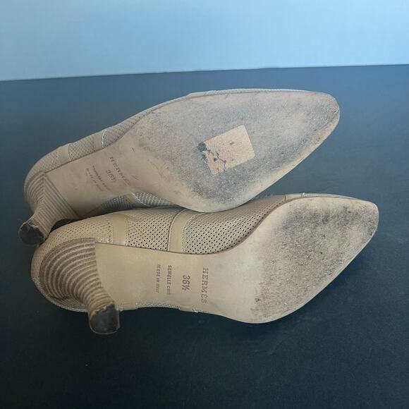 Hermes Beige Leather Almond Toe Lace Up Wing Tip Oxford Heeled Shoes 6.5 - Picture 10 of 11